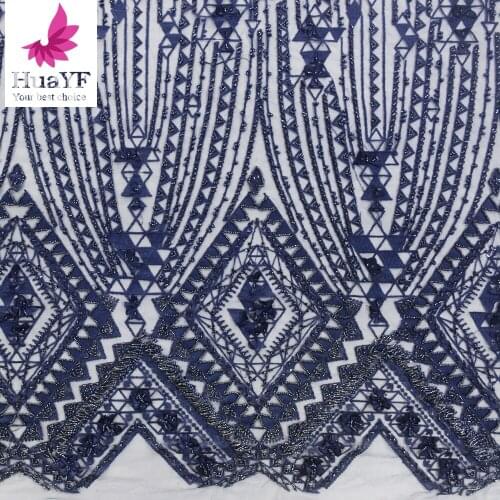 Navy Blue 3D Flower Tulle Beads Lace Fabrics With Sequins For Party Dress 2020 HY1307