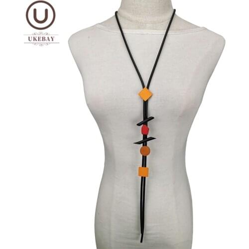 UKEBAY New Long Statement Necklaces Women Pendant Necklace Rubber Rope Gothic Jewelry Wood Beads Accessories Goth Chain Necklace