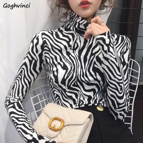 Women Long Sleeve T-shirt Warm Zebra Striped Turtleneck Trendy Plus Velvet Females Leisure Chic Slim Trendy All-match Elegant