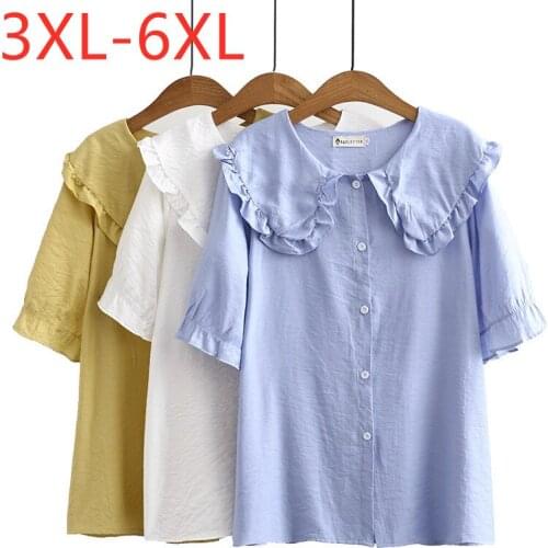 New 2021 Ladies Summer Plus Size Tops For Women Large Short Sleeve Loose Casual Cute Button Cotton Blue Shirt 3XL 4XL 5XL 6XL