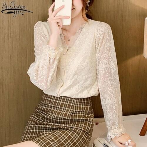 Fashion V-Neck Lace Shirts New Crochet Flower Elegant White Blouse Women 2021 Autumn Vintage Long Sleeve Button Top Blusas 11907