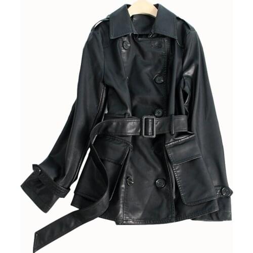 2020 elegant Classic Double Breasted Windbreakers PU Leather Coat Outerwear Spring Autumn Black Long Trench Coat For Women v766