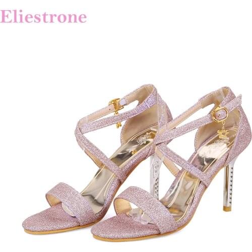 Sale Brand New Summer Gold Purple Women Sandals Glossy Lady Slingback Shoes Sparkly High Heel AY312 Plus Big Size 31 45 48 10 12