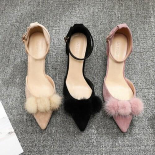Pointed Toe Shoes Women 2020 New Spring and Autumn Womens Thin Heeled High-Heeled Shoes Furry Ball Shoes