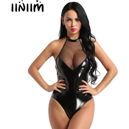 Women Wetlook Tracksuit Mesh Reflective Patchwork Lingerie Bodycon Sexy Maxi Clubwear Backless High Cut Adult Teddy Bodysuit