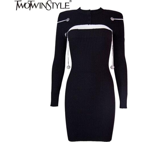 TWOTWINSTYLE Hollow Out Patchwork Chain Dress For Women O Neck Long Sleeve High Waist Slim Knitted Dresses Female Fashion New