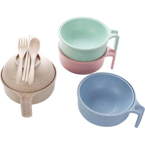 1pc Wheat Straw Korean Ramen Noodles Salad Rice Fruit Bowl Household Tableware Cutlery Cubiertos With Lid