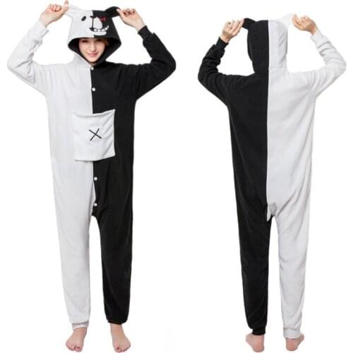 Black White Bear Kigurumis Hedgehog Onesie Danganronpa Monokuma Pajama Adult Anime Overalls Jumpsuit Polar Fleece Sleepwear