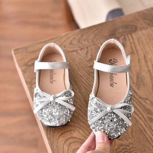 Spring/Autumn Kids Girls Fashion Single Shoes Children Leather Princess Shoes Sequins Sneakers Peas Shoes Soft Flat Bow Shoes