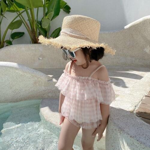 Children Split Swimsuit Girl Lace Plaid Little Princess Baby Bikini With Hats 3 Pieces Swimwear Sets