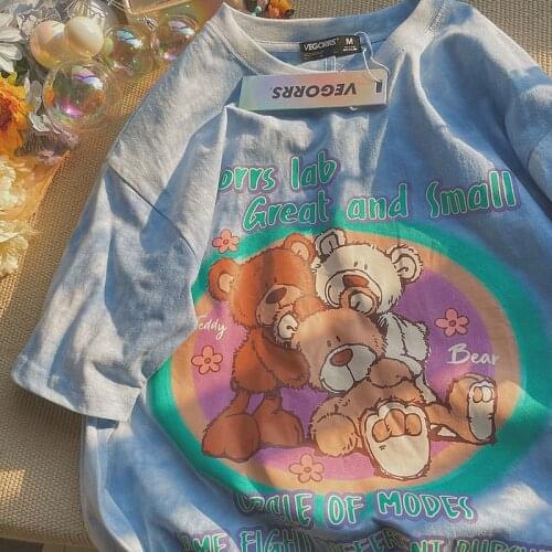 Pure Cotton Sky Blue Cute Bears Letters Printed T Shirts Harajuku Graphic Tee O-neck Basic Teens Clothes Summer Tops New Fashion