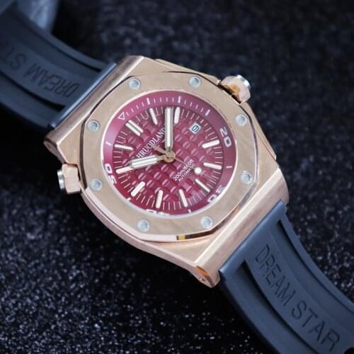 Hruodland Bronze Luxury Men Watch 9015 Movement Sapphire Crystal Rubber Band Diving 200m See Through Back