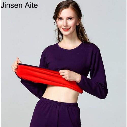 Jinsen Aite 2019 Winter Fleece Thick Warm Long Johns for Women O-neck Autumn Ladies Thermal Underwear Suit Female Clothing JS657
