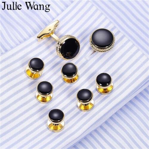Julie Wang 8PCS/Set Black Fashion Round Cufflinks For Mens Shirt Cuff Buttons High Quality Sleeve Nail Business Gift