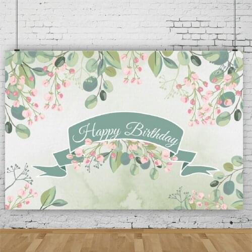 Beautiful Pink Flower and Leaves Happy Birthday Backdrop Holiday Party Room Decor Photo Booth Studio Prop