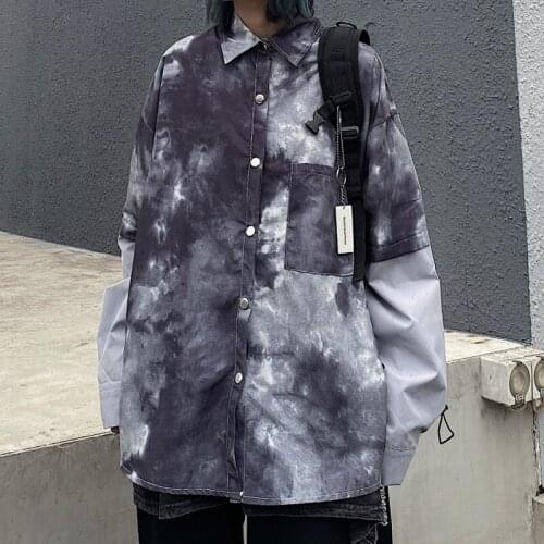Dark tie-dye jacket men and women retro loose stitching heavy industry buttoned shirt long sleeve jacket