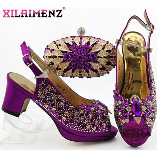 Hot Selling 2019 Autumn New Arrivals Royal Wedding Clutch Bag Match African Women Shoes and Bag Matching Set in Purple Color