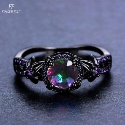 Bamas Mystic Rainbow Fire Topaz Flower Ring Purple Amethyst Black Gold Jewelry Size 6-10