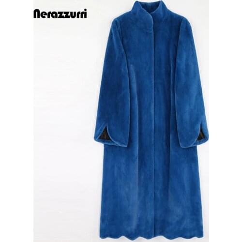 Nerazzurri Winter Long Blue Warm Fluffy Faux Fur Coat Women Scallop Hem A Line Plus Size Black Korean Fashion Outerwear 6xl 7xl