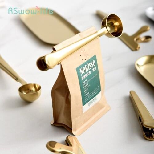 Nordic Style Two-In-One Coffee Beans Measuring Spoon With Clamp Scoop With Golden Stainless Steel Seals Tool Multi-Purpose Tools