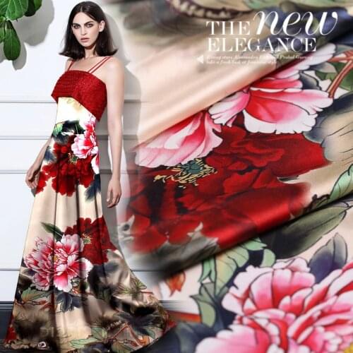 New digital inkjet silk stretch satin fabric peony flower dress natural silk fabric wholesale silk cloth 108cm