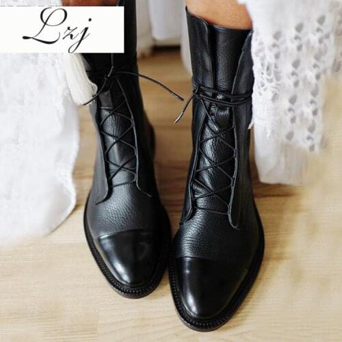 New SHENGY Patent Leather British Style Flat Boots Black Pointed Toe Boots Handsome Motorcycle Boots Womens Boots