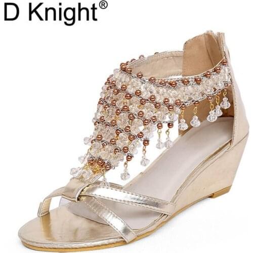 New Fashion String Beaded Women Wedge Sandals Elegant Ladies Casual Ethnic Rome Bohemia Sandals Size 35-40 Womens Summer Shoes
