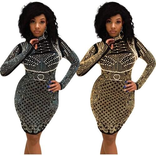 Sexy Pearl Beading Evening Party Mini Dress Half High Collar Long Sleeve Knee Length Rhinestone Bodycon Night Clubwear Vestidos