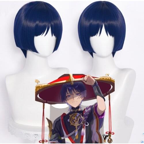 Genshin Impact Cosplay Scaramouche 30cm Wig Blue Purple Black Wig Cosplay Anime Wigs Heat Resistant Synthetic Wigs Halloween