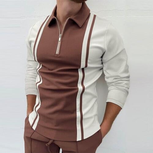 Mens Fashion Patchwork Long Sleeve Polo Shirts Casual Turn-down Collar Zipper Tops Men Slim Polo Shirt 2021 Autumn Streetwear