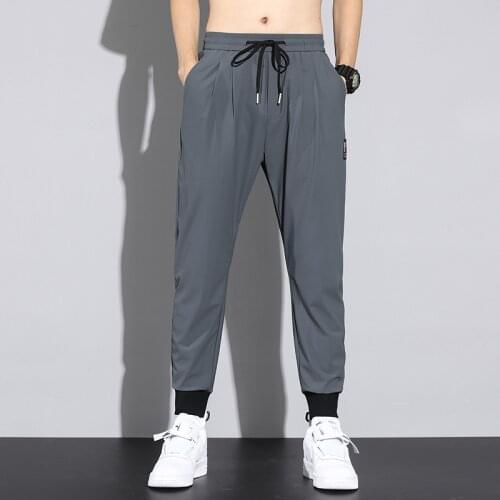 ICE Silk Thin Summer men trousers Loose Korea Clothing Ankle Length jogging pants men Drawstring Sportswear tracksuit joggers