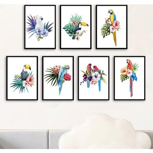 Nordic Macaw Rosella Parrot Toucan Monstera Palm Bird Wall Art Canvas Painting Posters And Prints Pictures Living Room Decor