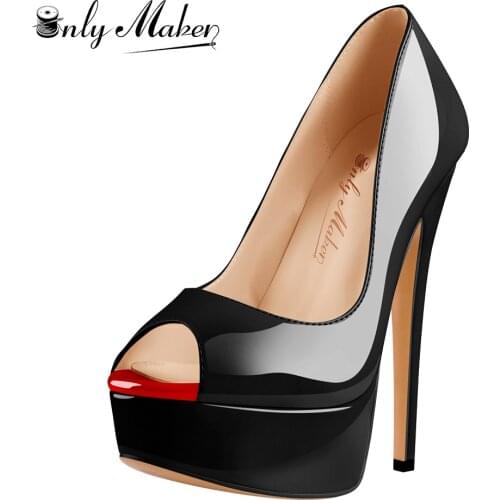 Onlymaker Platform Peep Toe High Heel Slip On Pumps Thin Stiletto Heels Party Red Black Sexy Shoes Large Size Plus Size US5~US15