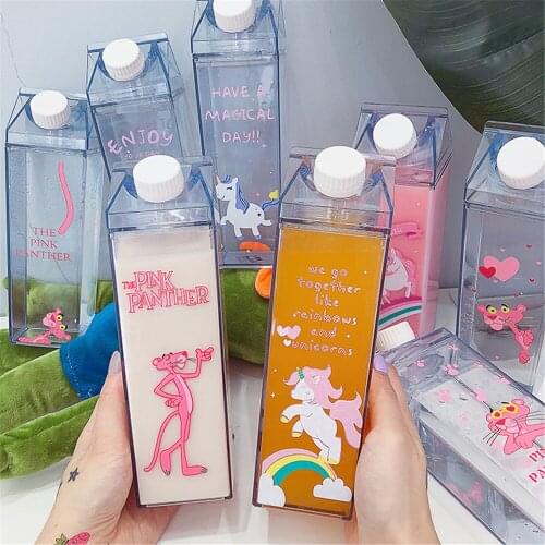 Unique Mini Cute Water bottles Milk Box Shape Transparent Plastic Cartoon pink panther Drink Bottle Coffee Beer Drinkware