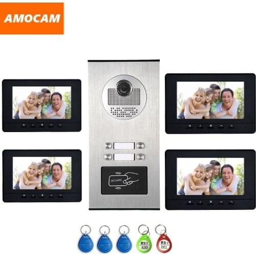 4 Units Apartment intercom system Video Door Phone Door Intercom HD Camera 7" Monitor video Doorbell 5-RFID Card for 4 Household