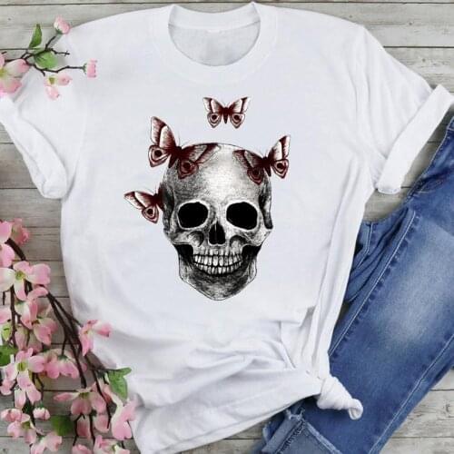 Women Graphic Ladies Butterfly Skull Funny 90s Cartoon Fashion Summer Female Clothes Print Short Sleeve Tops Tees Tshirt T-Shirt