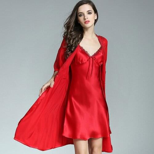 Robe Sets Women 100% Silk Fabric Sleepwear Two Pieces Set Lace Decoration V Neck Sashes 4 Colors Sexy Style Nightgown