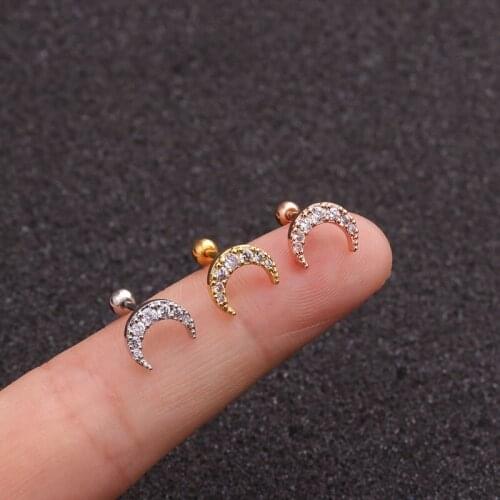 1PC 20G New Moon Stainless Steel Ear Cartilage Helix Screw Back Earring Stud Cz Tragus Spetum Piercing Jewelry