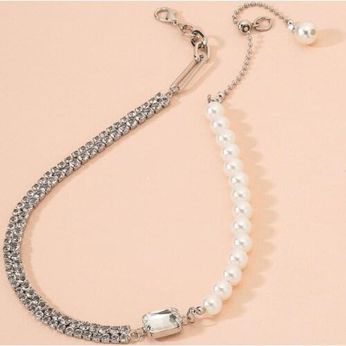 2021 Ins Bling Rhinestone Snake Chain Handmade Pearl Beads Choker Necklaces Trendy Korean Fashion Chic Party Jewelry