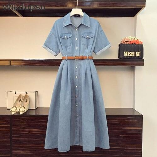 Denim Blue Jean Dresses For Women 2021 Summer Long Dress Short Sleeve Fashion Casual Ladies Korean Dress Plus Size Oversize
