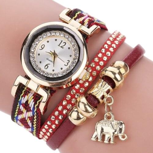 Gnova Platinum Top ethnic fabric strap women watch rhinestone elephant golden charm Indian Fashion stylish girl wristwatch A500