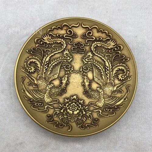 Chinese Brass Carved Phoenix Saucer Metal Crafts Home Decoration