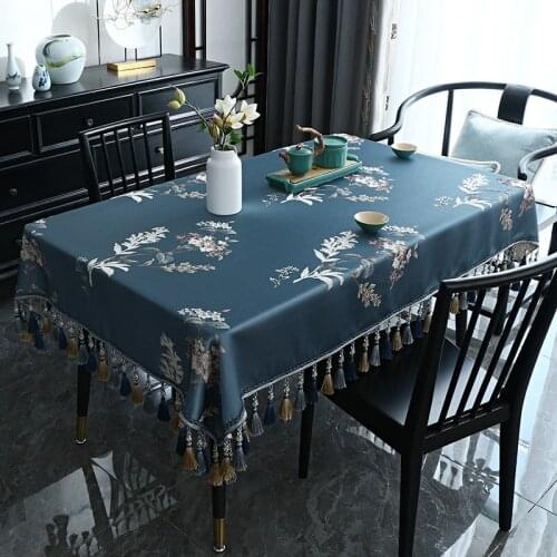 Chinese Plant Elegant Rectangular Tablecloth Party Dining Table Cover with Tassels Blue Square Coffee Living Room Home 140x240cm