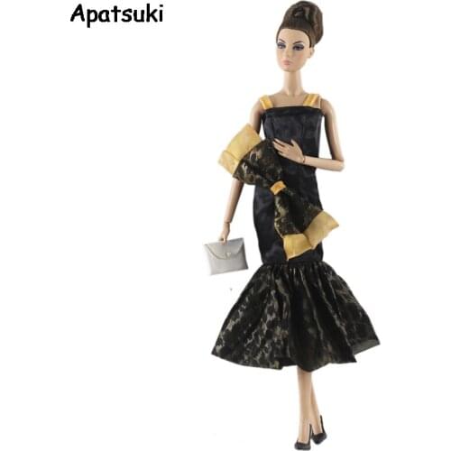 Black Bowknot Fishtail Fashion Doll Clothes For Barbie Doll Gown Party Dress Bag 1/6 Doll Accessories For Barbie Doll Outfits