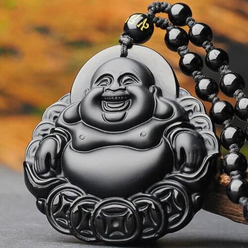 Natural Black Obsidian Money Buddha Jade Pendant Necklace Chinese Hand-Carved Fashion Jewelry Accessories Amulet for Men Women