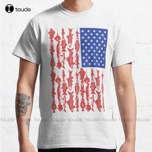New American Flag Fishing Design Classic T-Shirt Cotton Tee Shirt Unisex black and white shirt