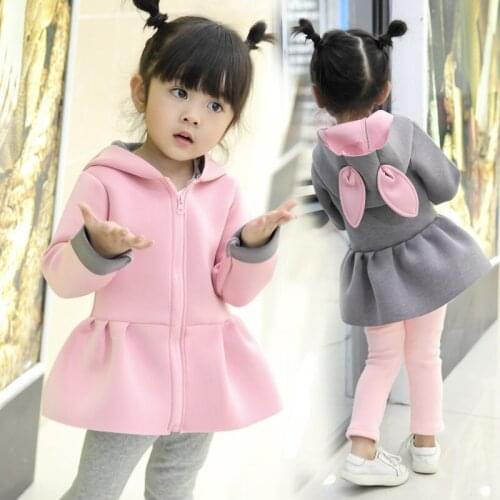 New Girls Coats Cute Cartoon Rabbit Ear Hooded Jacket Autumn Winter Long Sleeve Children Warm Outerwear Kids Coat