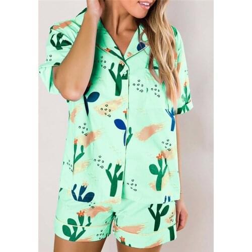 HIRIGIN Sexy Women Pajama Sets Sleepwear Nightwear Print V-neck Buttons Up Shirts Tops Ruffles Shorts Pants Pajama Sets 2021 New