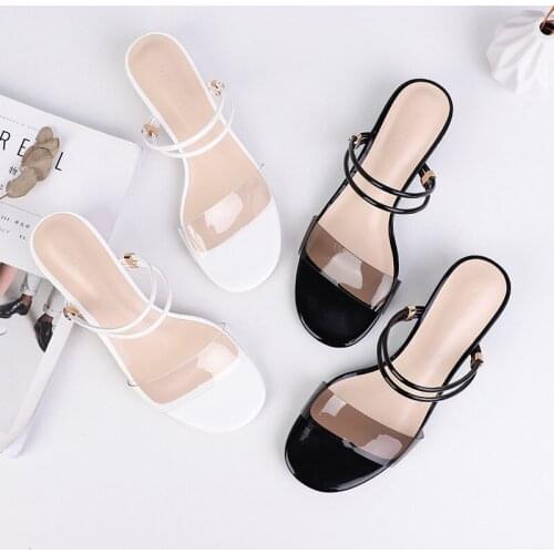 Transparent sandals women black/white clear band gladiator sandalias mujer double narrow ankle band slippers cylinder heel y860