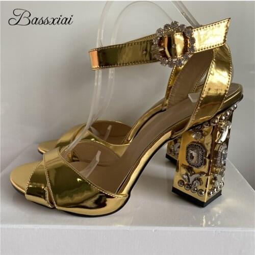 Luxury Patent Leather Cross Band Sandals Women Diamond High Heels Ankle Strap Rhinestone Summer Sandalias De Mujer